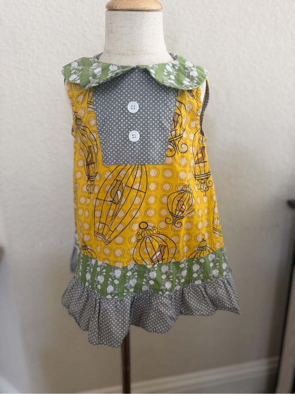 Yellow & Green Polka Dot Patchwork Girls Dress